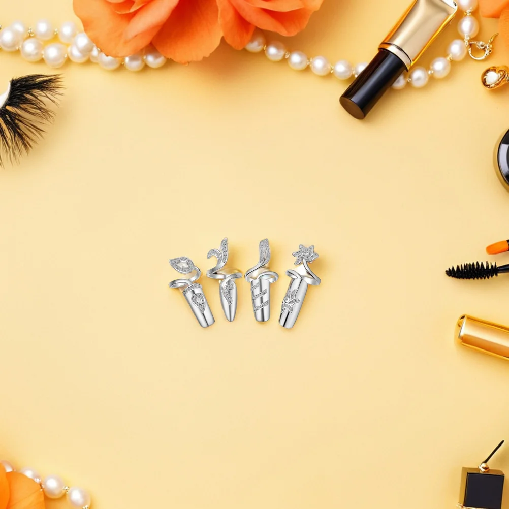 

4pcs Rhinestone Nail Rings For Women Alloy Finger Tip Jewelry Elegant Hand Decor Wedding Prom Date Festival Gift Nail Art