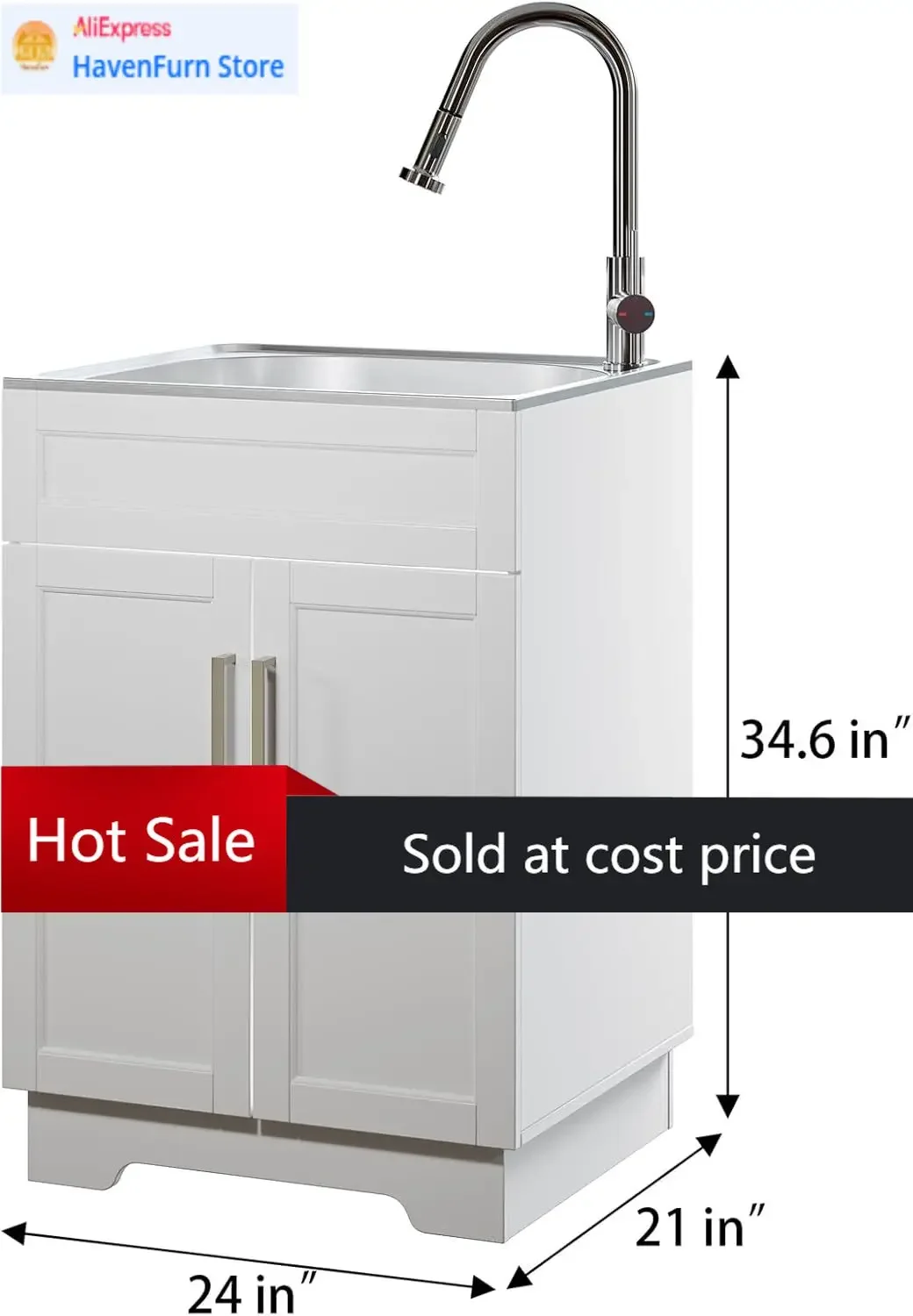 

Тумба-мойка 24 дюйма из нержавеющей стали с выдвижным смесителем для прачечной, кухни, ванной, гаража, белая