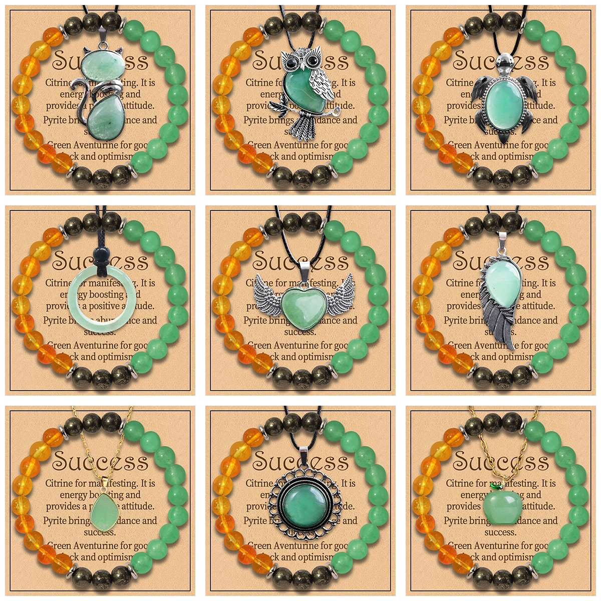2pcs Successful Crystal Jewelry: Pendant Necklace and Bracelet with Yellow Crystal To Help Wealth, Prosperity, and Good Luck