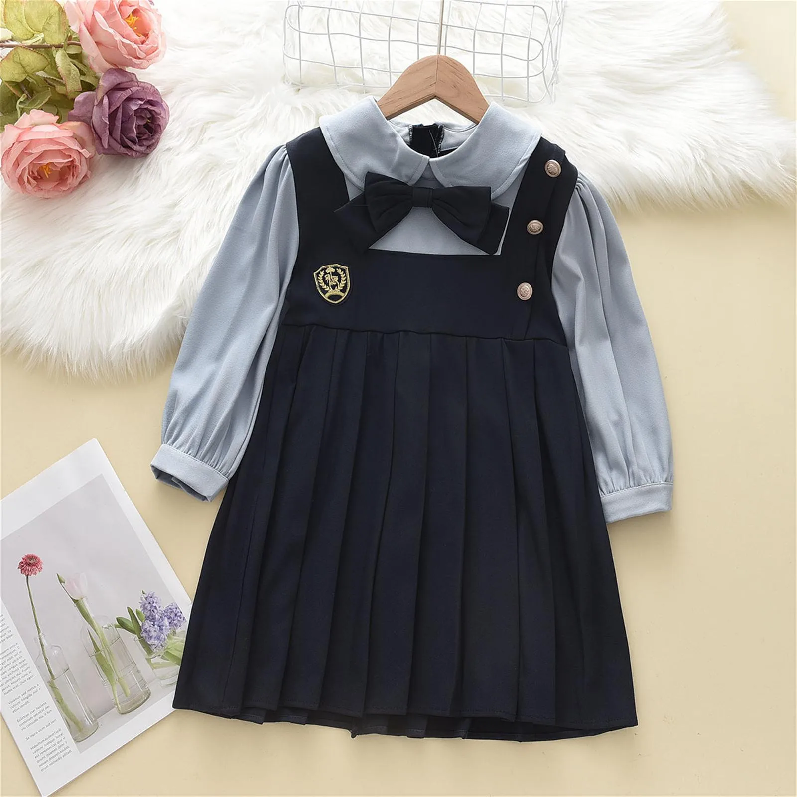 Girls Dress Korean Fashion Dress for Girls Spring 2024 New Casual Long-Sleeve Dresses British Style School Uniform Girl Clothing