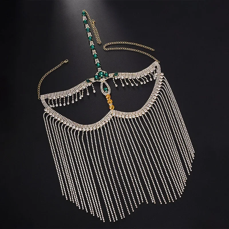 2026 Belly Dance Tassel Mask Veil Masquerade Cosplay Accessories Elegant Headband Green Rhinestone Face Chain Mask Prom Jewelry