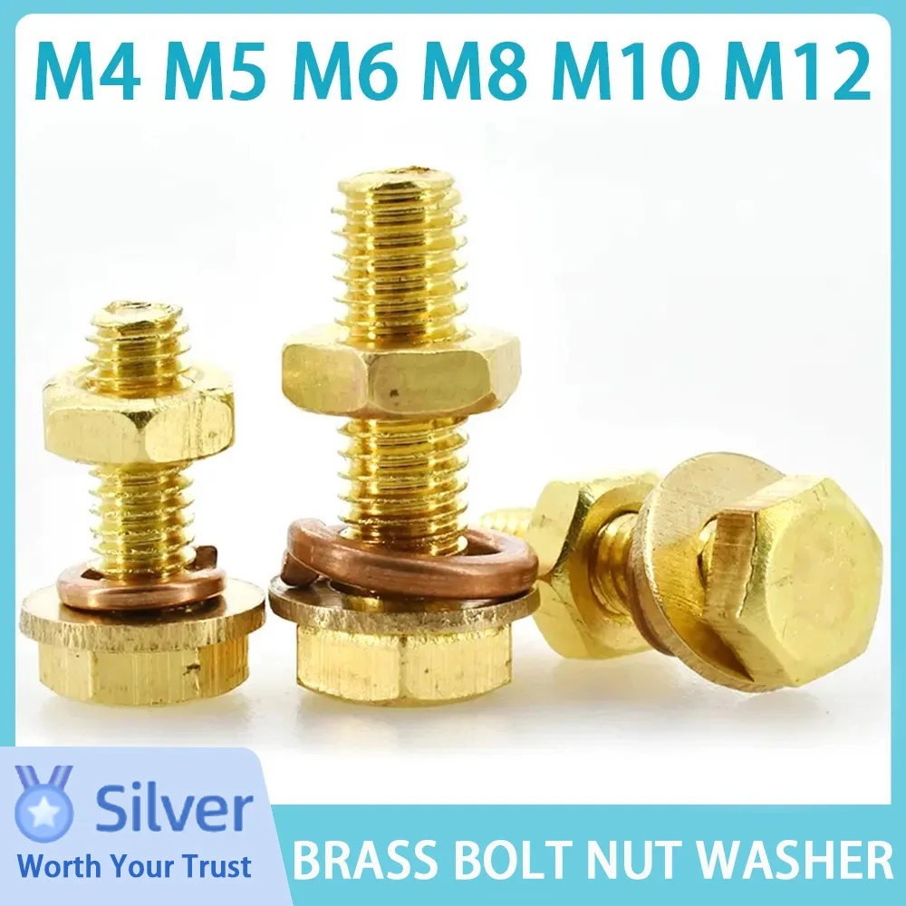 M4 M5 M6 M8 M10 M12 Brass External Hexagon Bolt and Nut Kit Outer Hex Copper Machine Screws Washers Gasket Set Assortment Kits