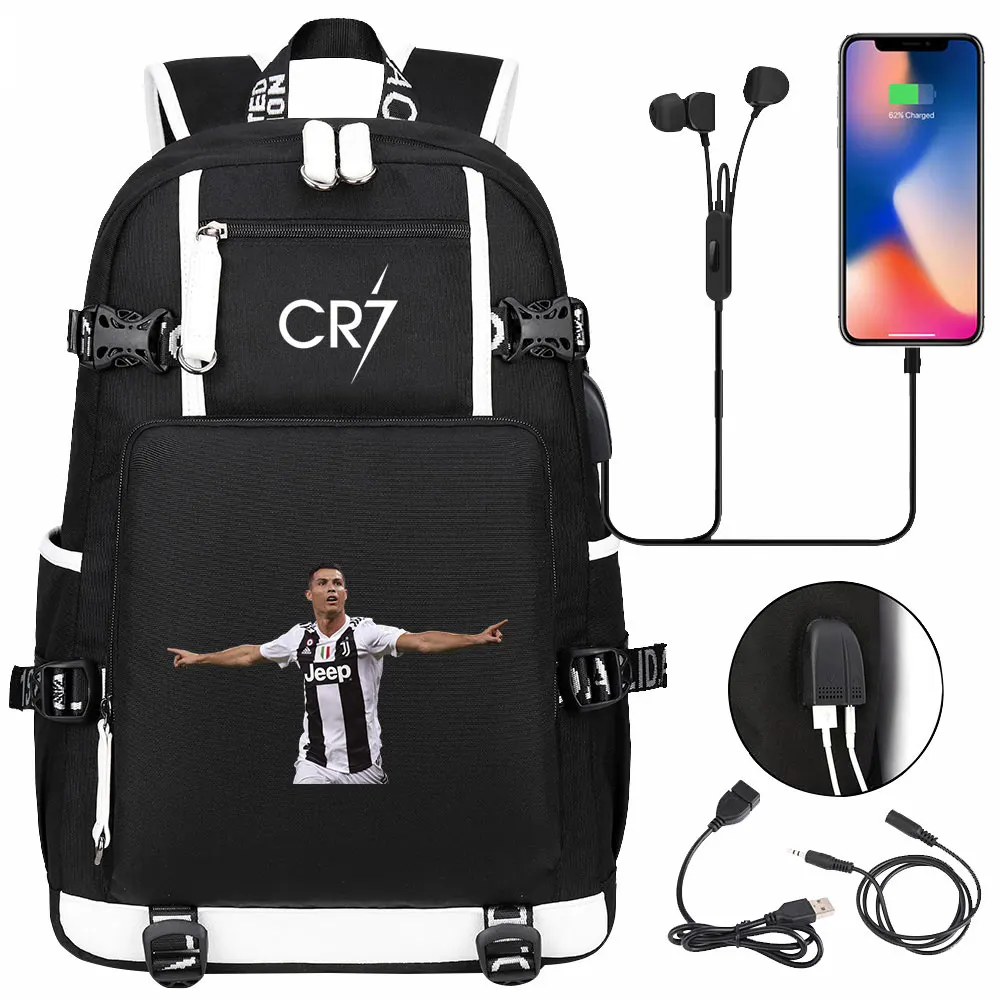 CR7 Backpack teenage Girls Boys USB port Canvas Schoolbag CR7 Students book bag Capacity Travel Mochila Infantil