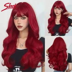 Red Brazilian Body Wave Wigs Sleek Burgundy Color Natural Remy Black Dark Human Hair Wig With Bangs For Black Women