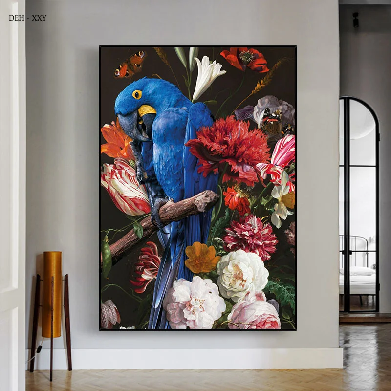 

Beautiful Macaw Parrot In Flowers Canvas Painting Colorful Birds Nature Posters Prints Living Room Wall Decorative Painting