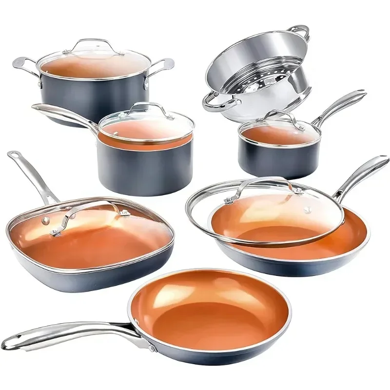 

Steel Pots and Pans Set 12 Piece Cookware Set with Ultra Nonstick Ceramic Coating 100% PFOA Free Dinnerware Set