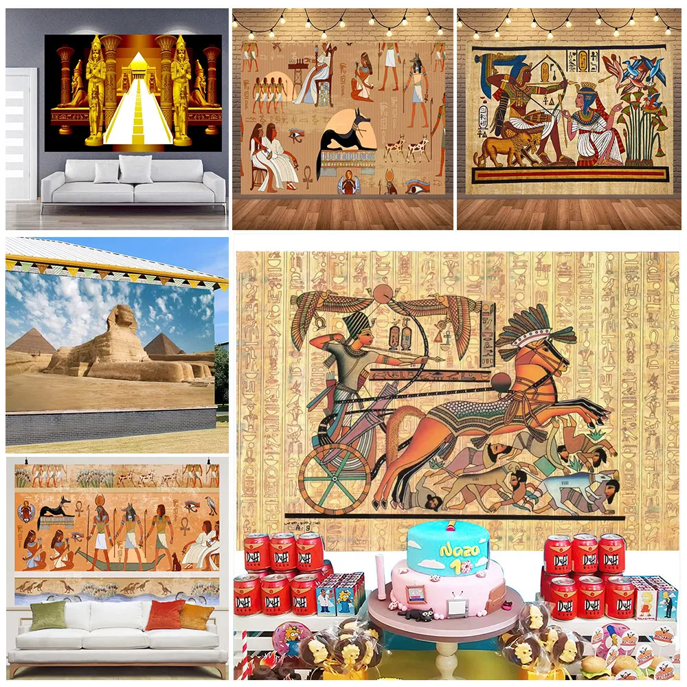 Golden Egypt Temple Theme Egyptian Pyramid Pharaoh Sphinx Egypt Queen Cleopatra Backdrop Mural Pattern Religious Interior Decor