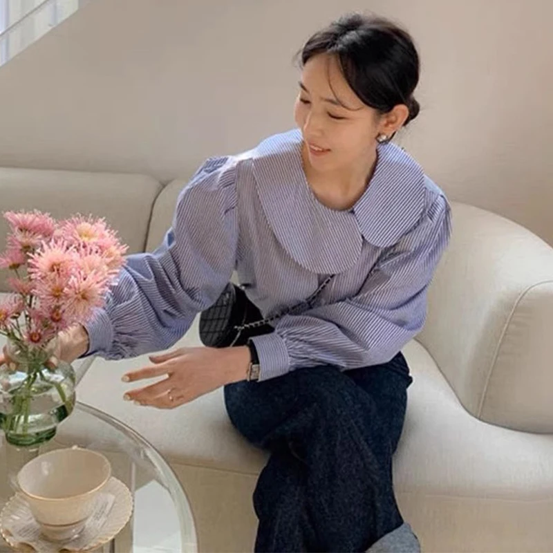 

Chic Spring New Gentle Milk Blue Asymmetric Lapel Single Button Loose Long Sve Striped Women's irt Cotton Sweet Sle