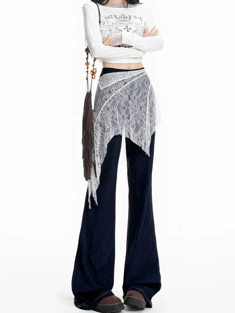 Y2K – jean bleu profond pour femmes, rétro américain, Micro évasé, couture en dentelle, taille haute, Slim Fit, pantalon en fer à cheval