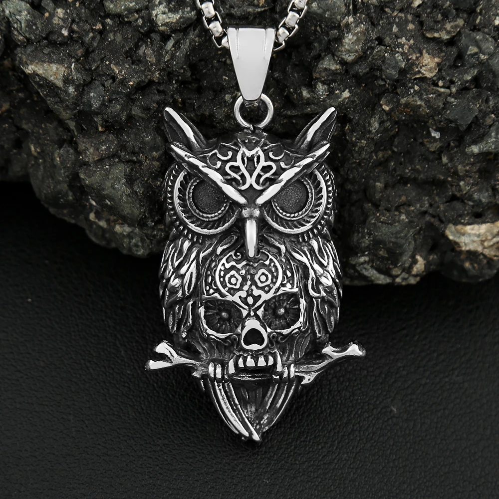 Gothic Vintage Owl With Skull Pendant Necklaces For Men Boys Stainless Steel Hip Hop Punk Motorcycle Jewelry Gifts Dropshipping