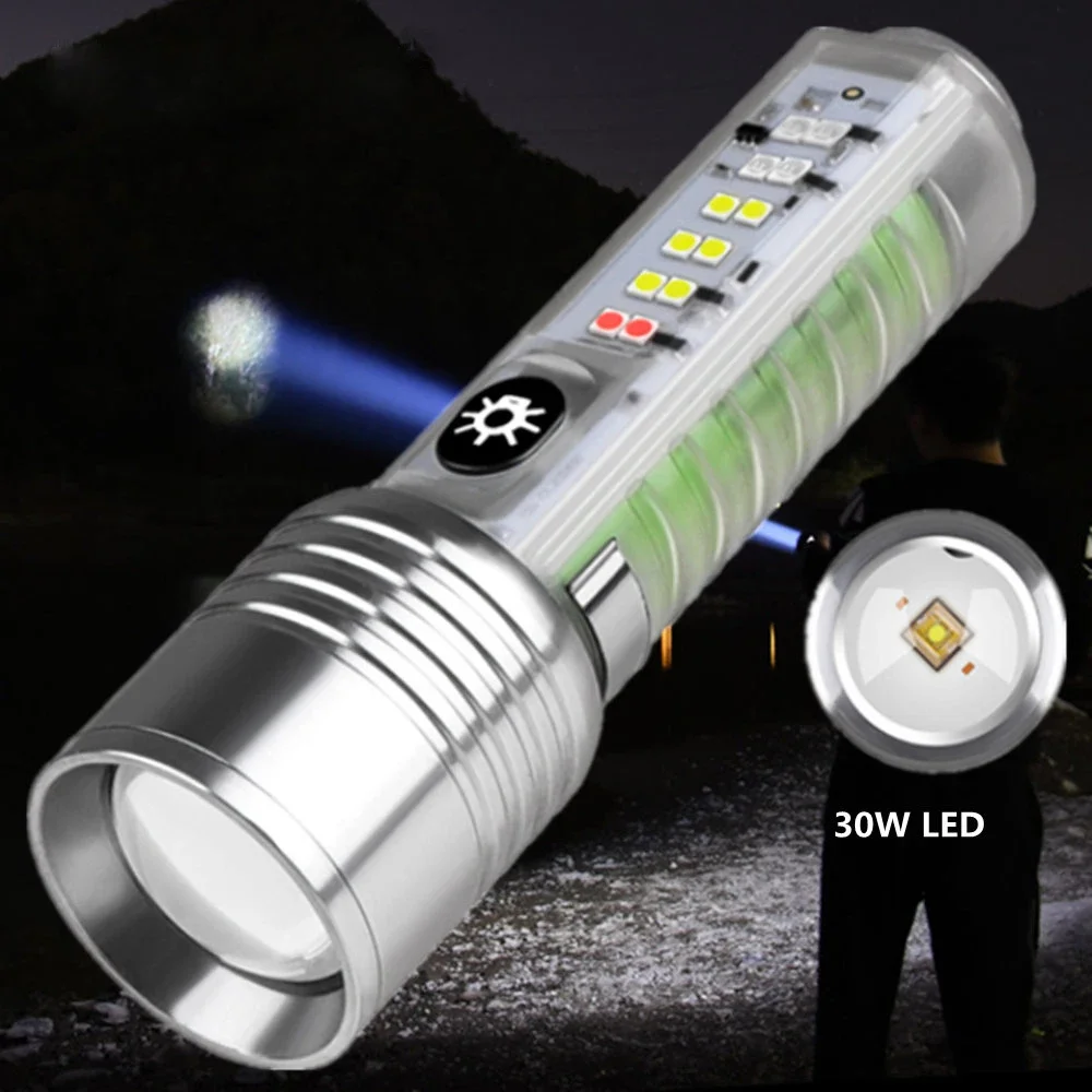 

New XPG/30W LED MINI Flashlight with Side Light Strong Magnets Lighting High Power Built-In Battery USB Charging with Penclip