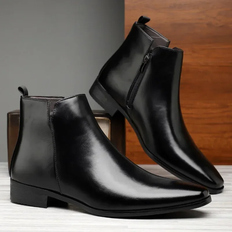 

Large Size Men Shoes British Style Pointed Toe Chelsea Boots Fashion High Top Mid-Calf Boots for Men Luxury Leather Shoe Zapatos