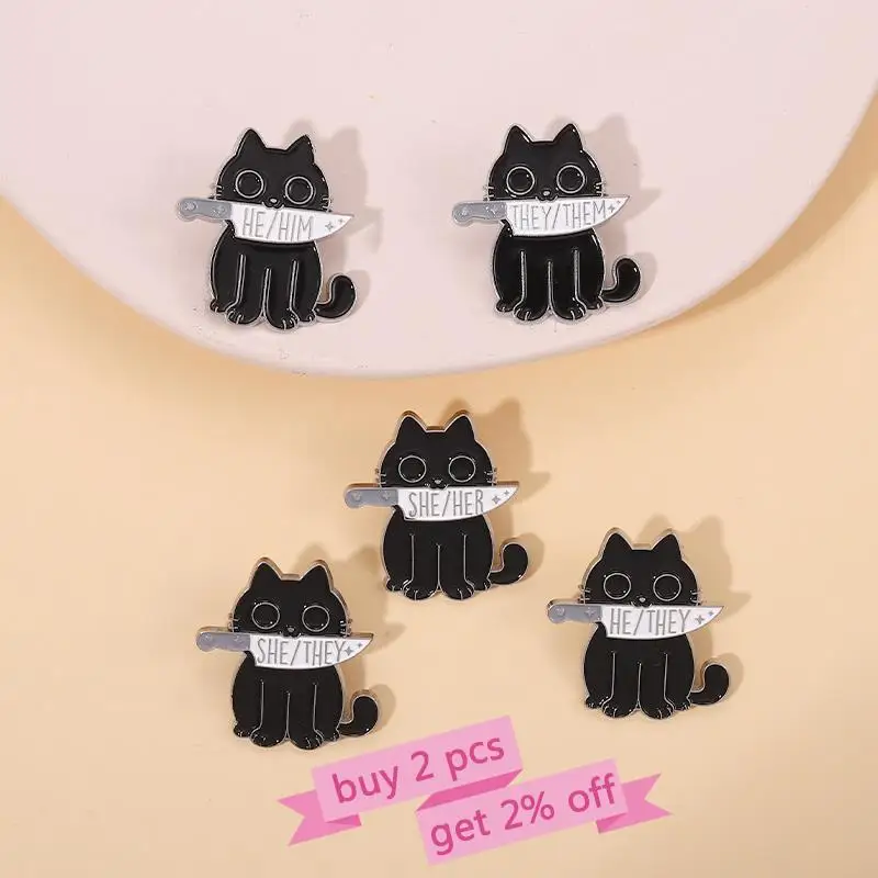 Pronouns Enamel Pins Custom Black Cats Dagger Brooches She Her He Him They Them Lapel Badges Animal Jewelry Gift for Friends