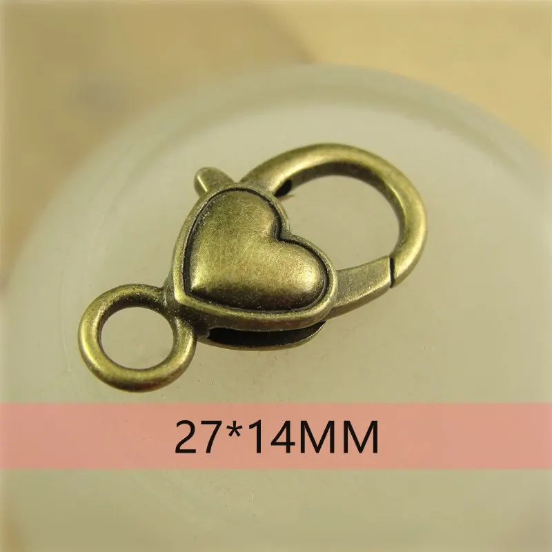 40pcs 27x14 mm Heart Love Shape Lobster Buckle Clasp Hooks Alloy Antique Silver Bronze Keychains Keyring Accessories Jewlery DIY