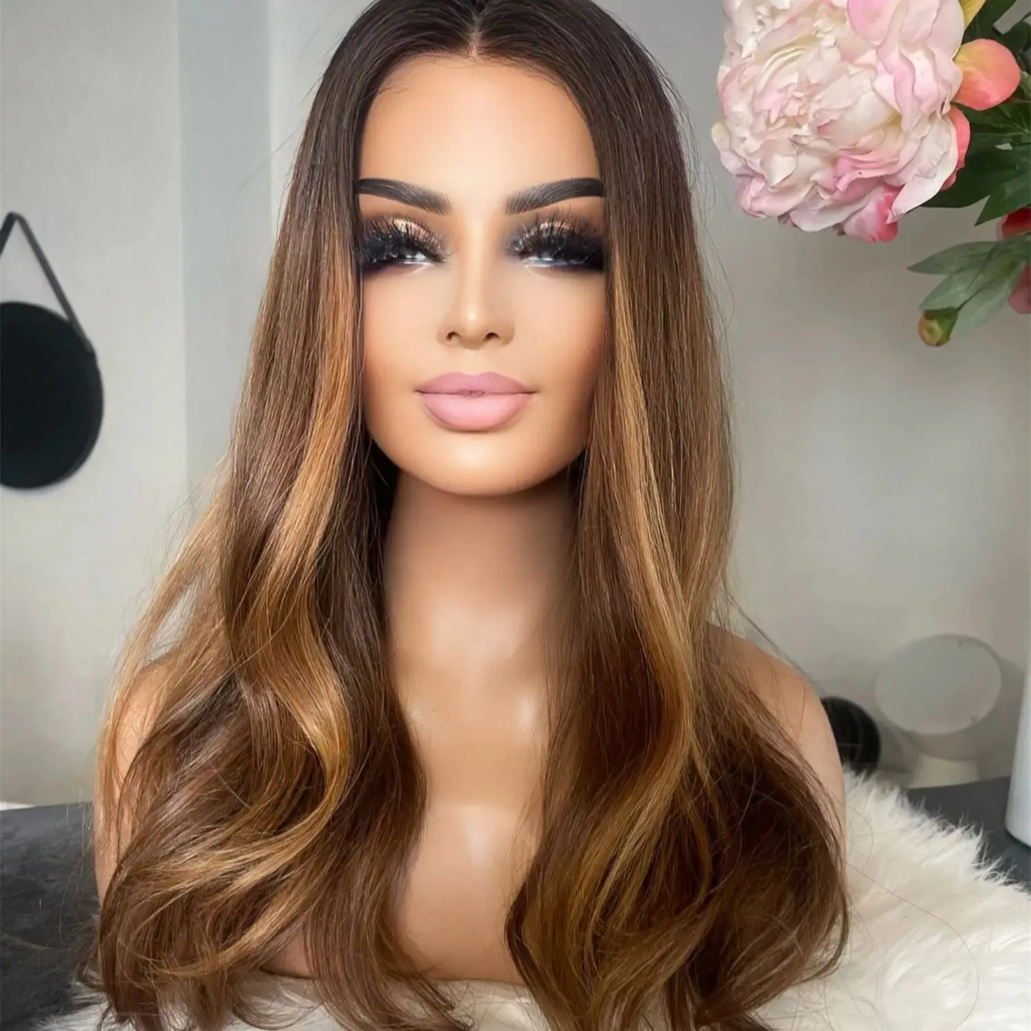 Ombre Honey Brown with Highlights Premium Fibre Wave Synthetic Lace Front Wigs Lightweight and Breathable Small Large Cap Size
