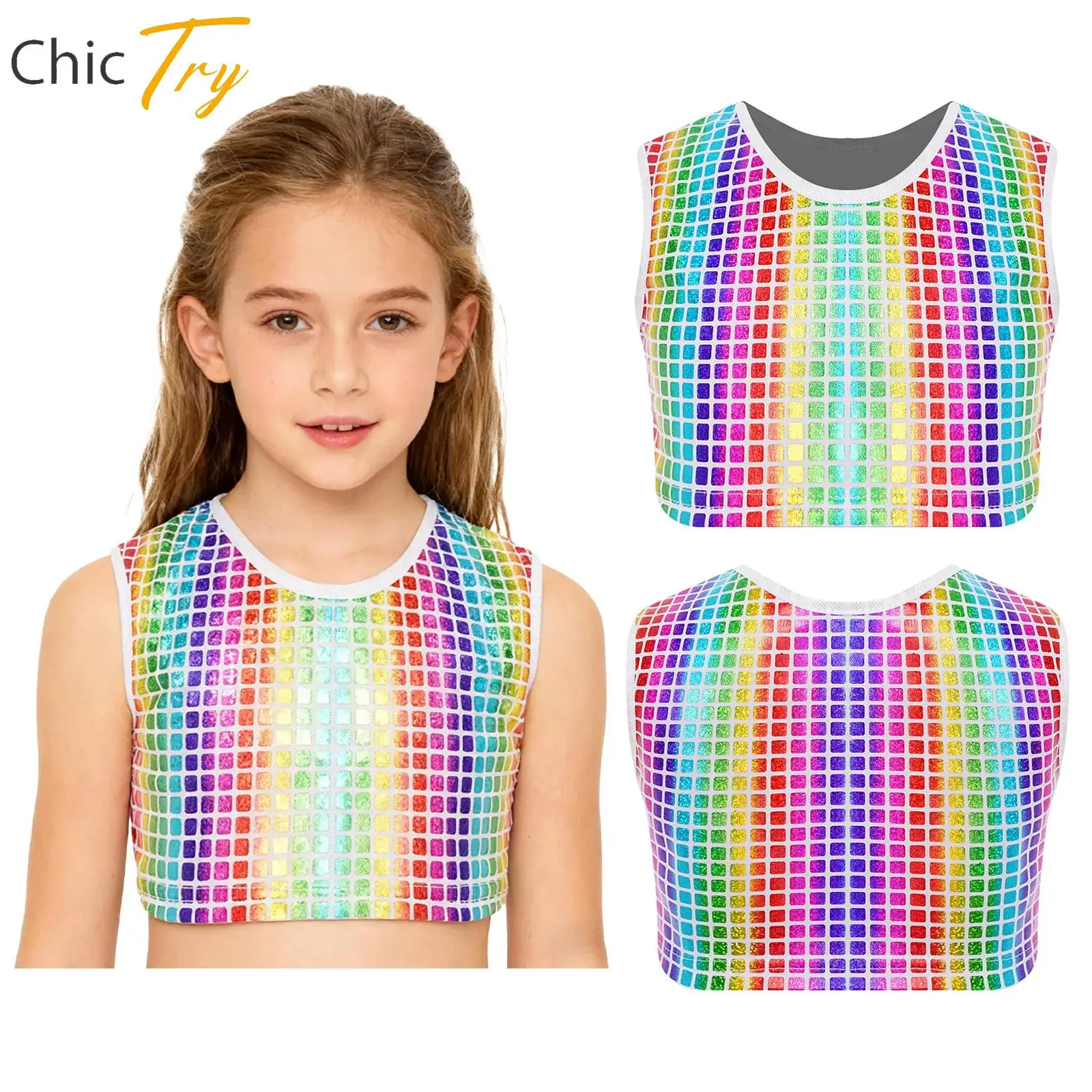 

Girls Boys Cheerleading Dance Tops Prom Party Stage Performance Costume Metallic Plaid Jazz Dance Crop Top Sleeveless Vest Tops