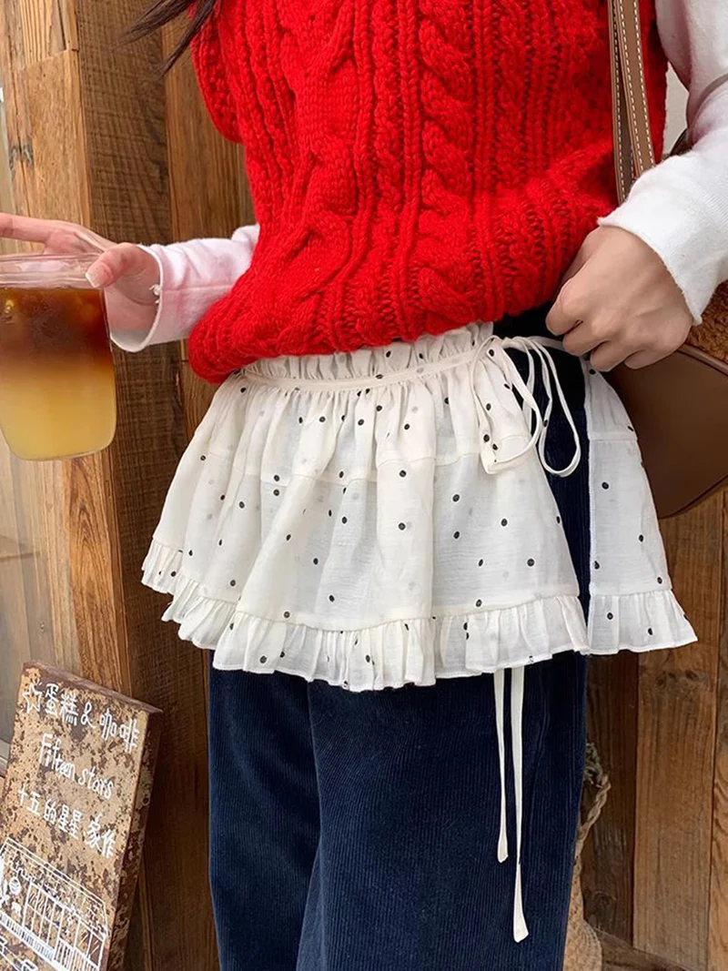 French Korean Polka Dot Ruffle Trim Belted A-Line Skirt Layers Skirt Decorative Outerwear Curtain Skirt Women's Daily Streetwear