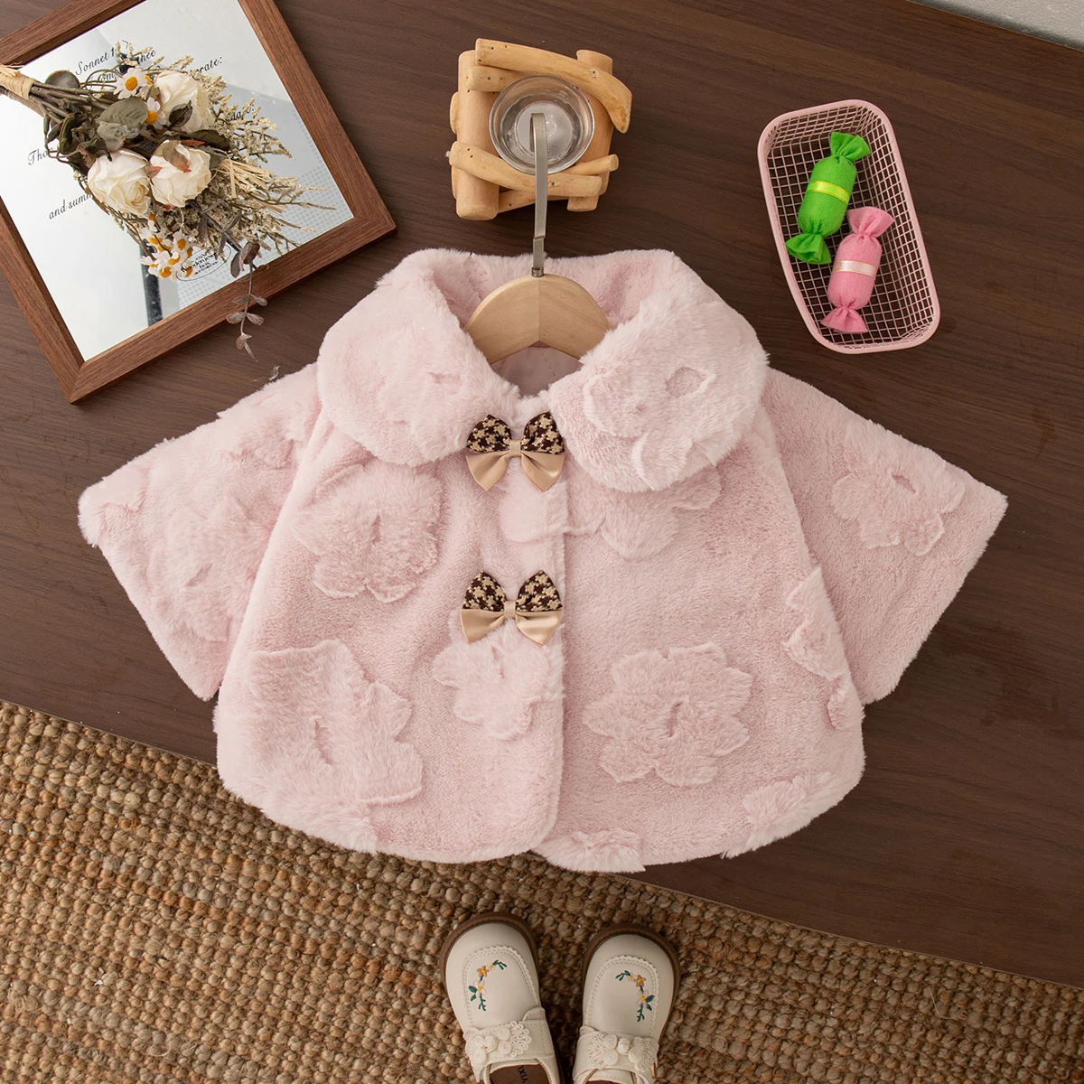 Dziewczęcy płaszcz jesienno-zimowy w kratę z kokardą, jednolity kolor, kołnierzyk, odzież wierzchnia dla niemowląt, urocze ciepłe kurtki dla niemowląt, ubranka dla niemowląt.