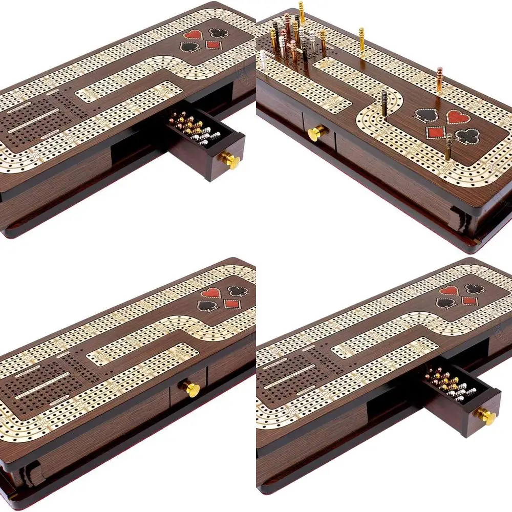 

4-Track Cribbage Board with Inlaid Wenge & Maple, Storage Drawer, Score Fields for Skunks, Corners, Wins