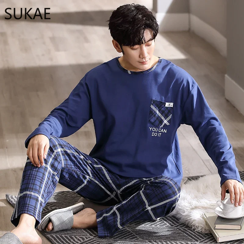 

SUKAE Luxury Navy Mens Sleepwear Autumn Winter New Cotton Man Pajama Long Sleeves Homewear Gentleman L-4XL Big Minimalist Pijama