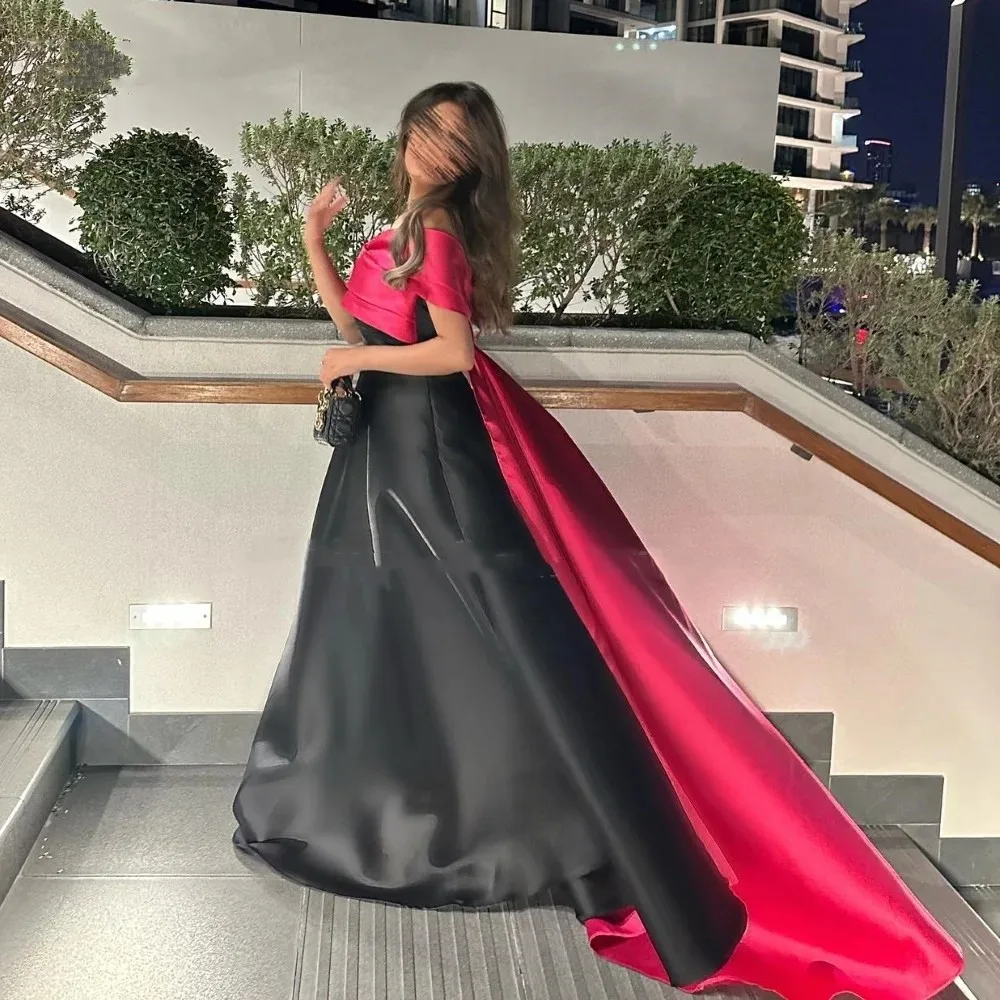 Flora Dress Black Satin Evening Dress Floor-Length A-Line Off The Shoulder Dubai Saudi Arabia فساتين سهرة Prom Gown With Shawl