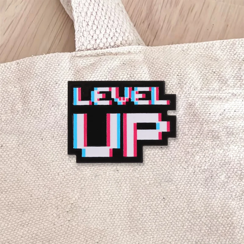 Level Up Pixel Art Glitch Effect Retro Gaming Enamel Badge Gamer Achievement Pin Brooch Jewelry Gifts For Men