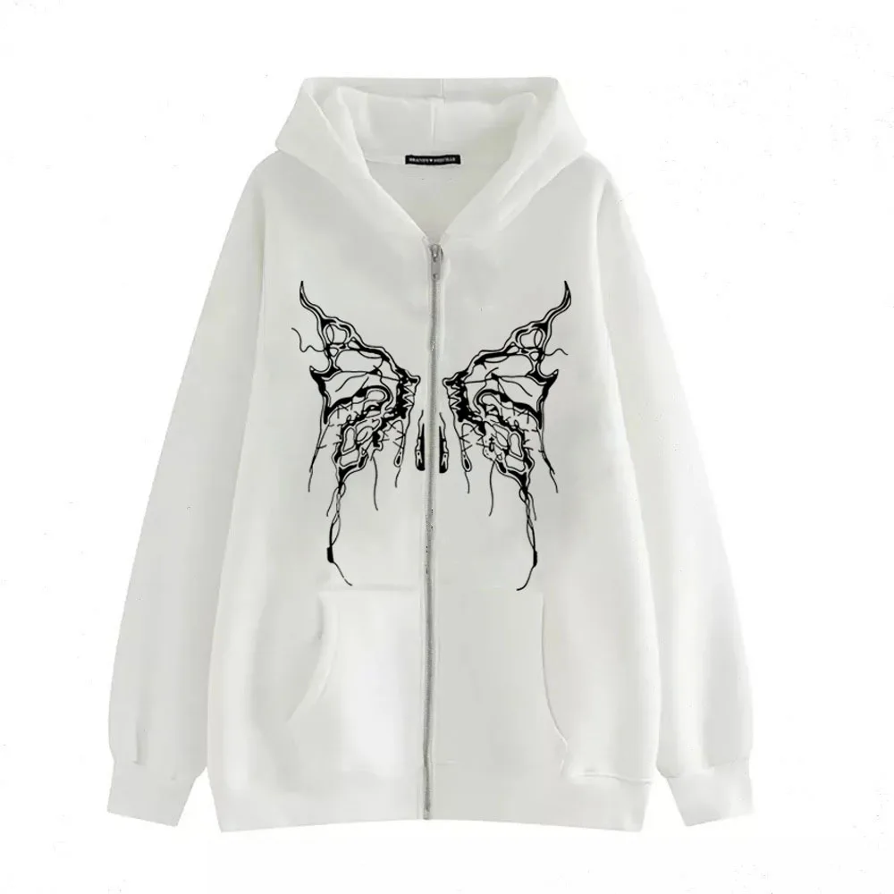 2025 Nowa damska bluza z kapturem Y2k Harajuku Jesienna gotycka bluza z nadrukiem motyla Para Bluza z kapturem z długim rękawem i zamkiem błyskawicznym Płaszcz wierzchni z kieszenią