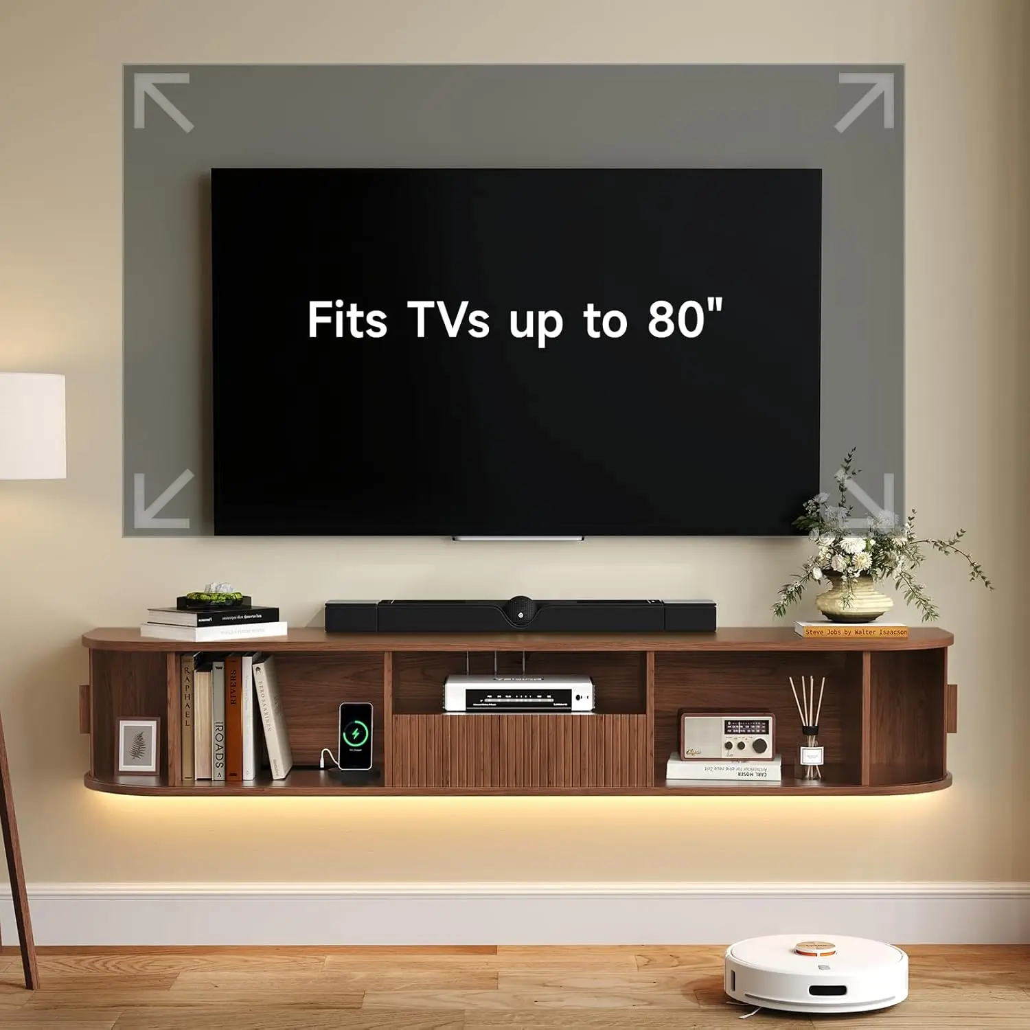 70 Inch Smart Floating TV Stand with LED Lights & Power Outlet - App Control Entertainment Center for 80" TVs, Mid-Century Modern Fluted Wood Design Living Room Storage Cabinet,Walnut view 3