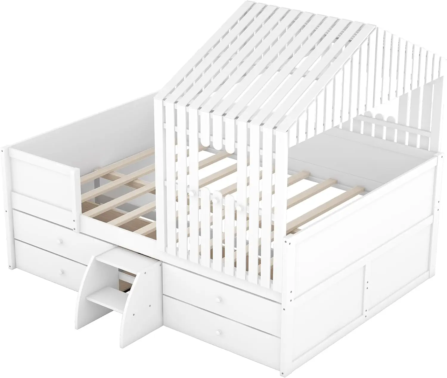 Lit de maison pleine grandeur pour enfants, cadre de lit de rangement complet avec toit et fenêtres, cabine en bois, loft bas complet avec 4 portes extérieures de proximité