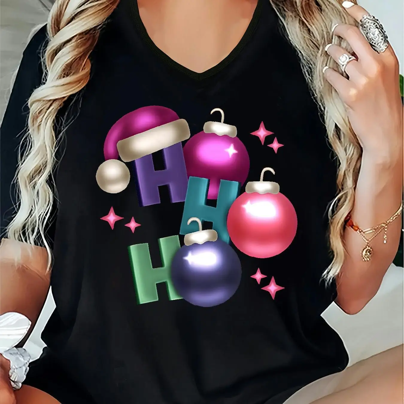 

Funny 3D Christmas Elements Print Women's T-Shirts Fashion X'mas New Year Short Sleeve Tops Casual O-neck Loose Female Clothing