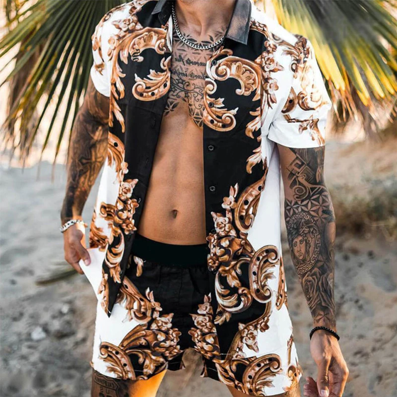 

Leisure Seaside Hawaiian Shirt Sets 3d Golden Figure Style Print Fashion Short Sleeve Shirt+Shorts 2PCS Beach Shirts Suit Sports