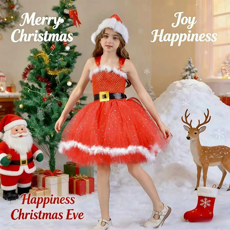 

Christmas Santa Cosplay Tutu Dress Layered Tulle Princess Dress For Holiday Party Festival Performance Lovely Cute Costume