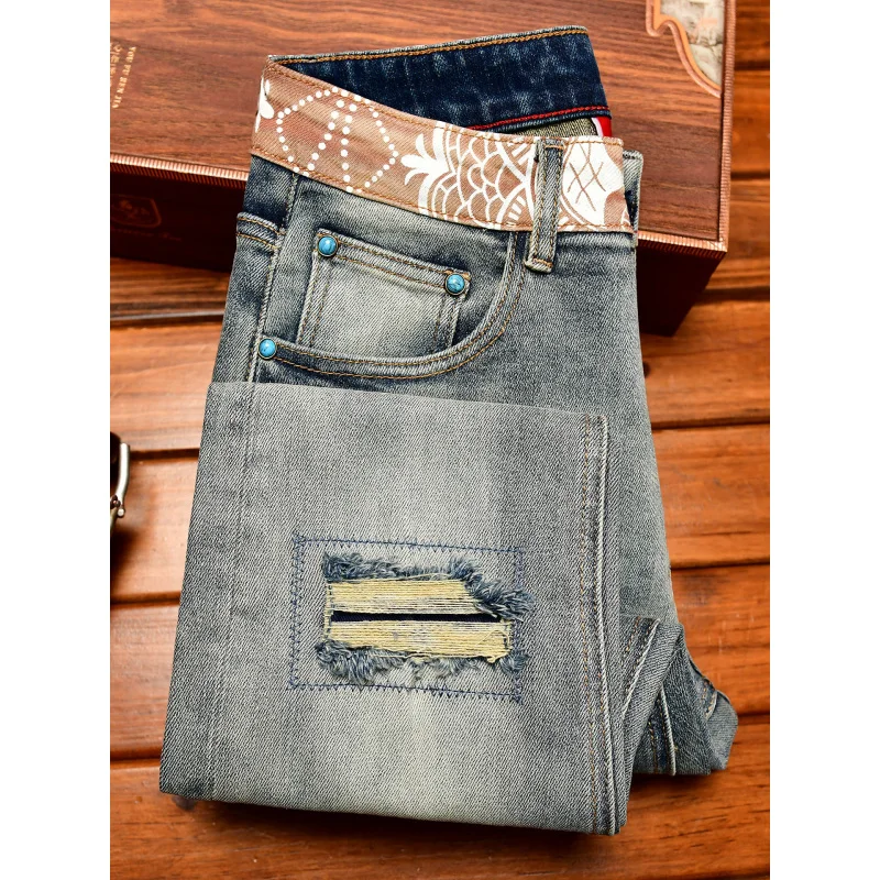 بنطال جينز ريترو عتيق للرجال، أزياء فاخرة خفيفة مطبوعة ممزقة بقصة ضيقة على الطراز الأمريكي العصري