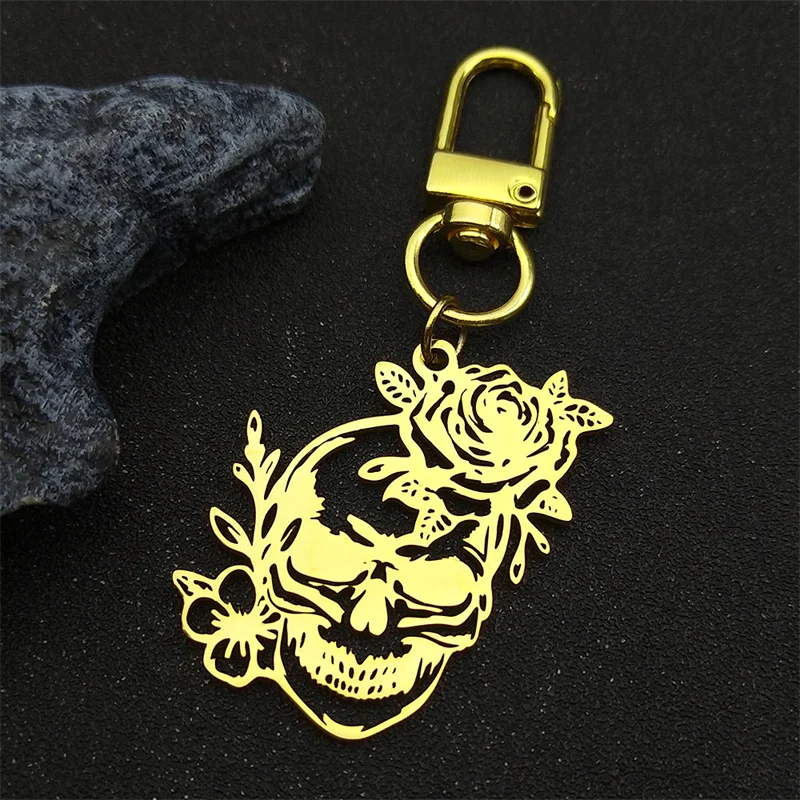 Edelstahl Gothic Schädel Rose Blume Anhänger Schlüsselanhänger für Männer Frauen Gold Farbe Skelett Retro Punk Party Schmuck Geschenk – Detail 4
