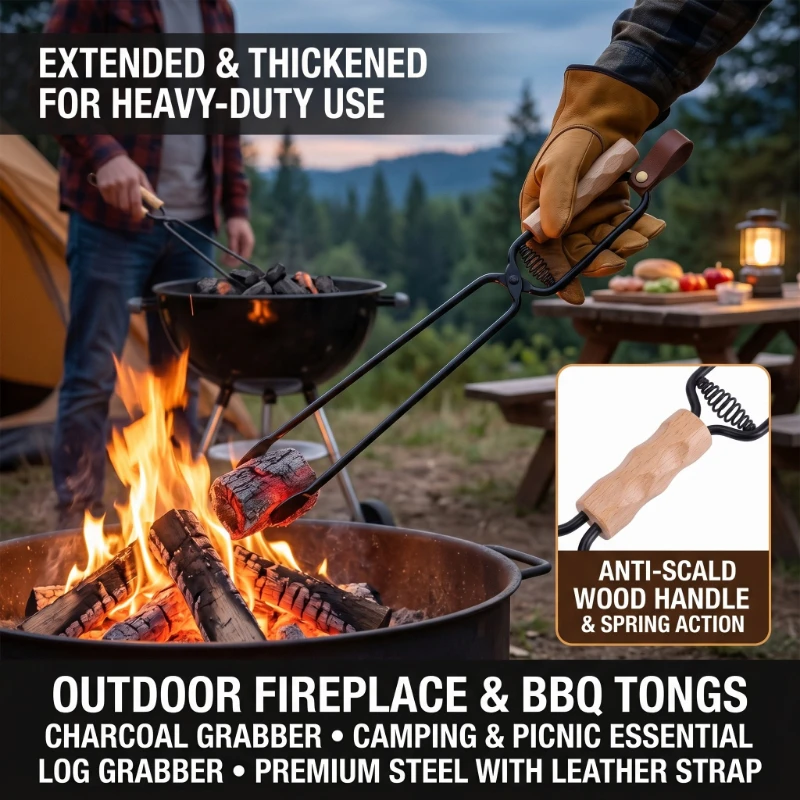 Firewood Tongs Metal Heat Resistant Lengthened Anti Scald BBQ Tongs for Fire Pit Camping Fireplace Use Camping Charcoal Clips