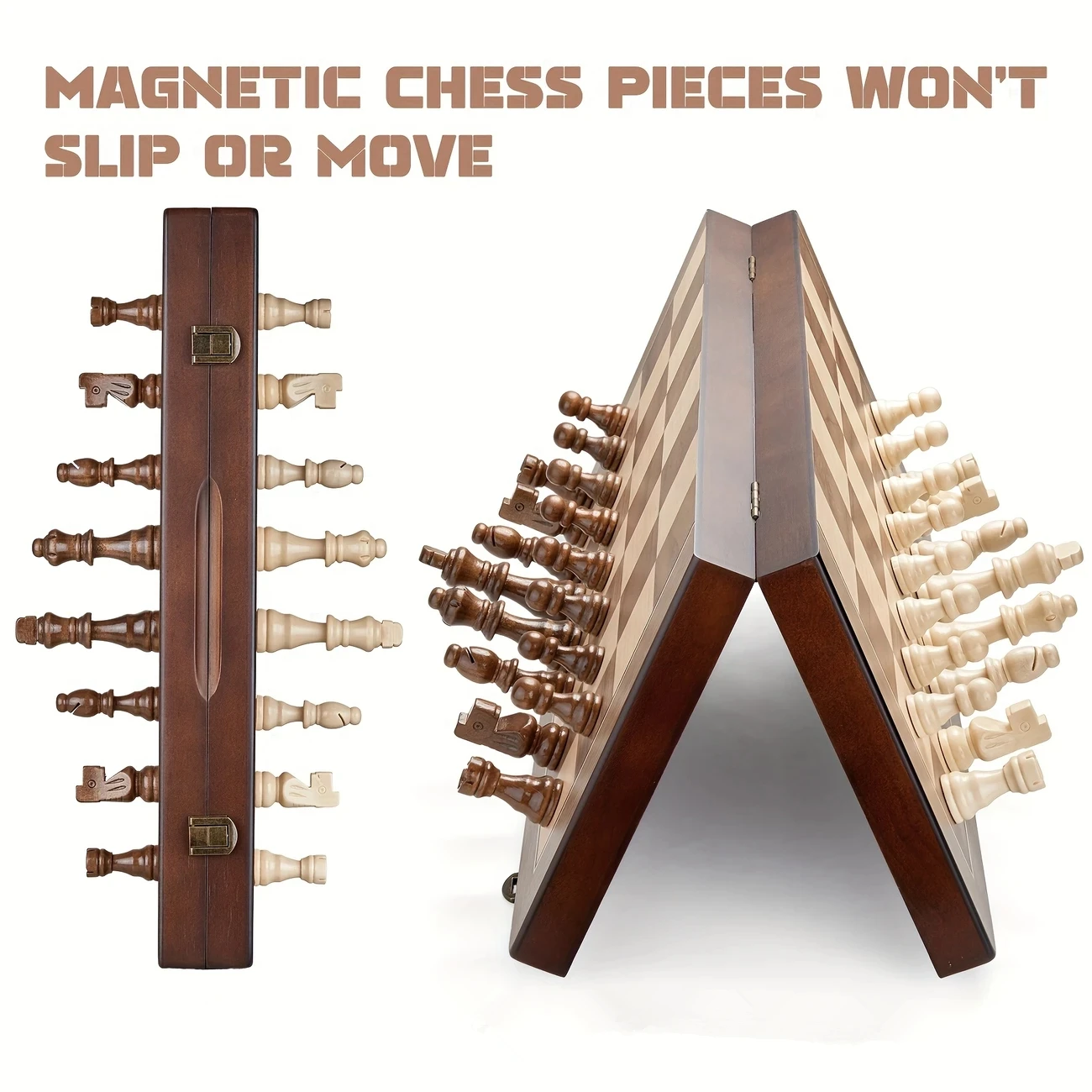 39,37 cm/15,5 Zoll Magnetisches Holz-Schachspiel mit 2 zusätzlichen Dronnen, faltbares, tragbares Reisebrett, geeignet für Turniere – Detail 6