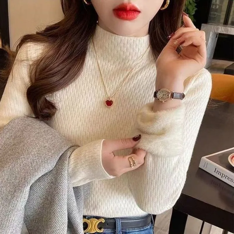 البلوزات مبطنة بالصوف طويلة الأكمام محبوك سترة المرأة البلوفرات الجديدة وهمية الرقبة متماسكة سترة البلوز النساء بلايز تريكو Q2051 #4