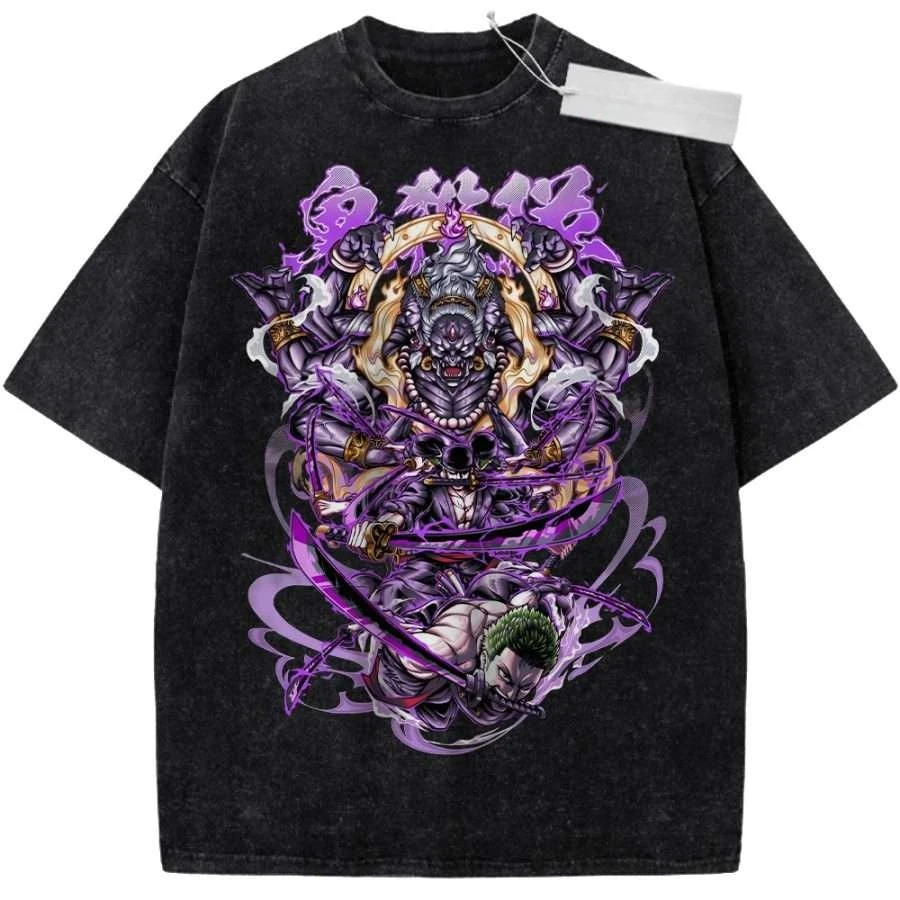 Vintage Washed T-Shirt One Piece Anime Luffy Sonnengott Nika Gear 5 Print Oversized Streetwear für Freizeit und Campus