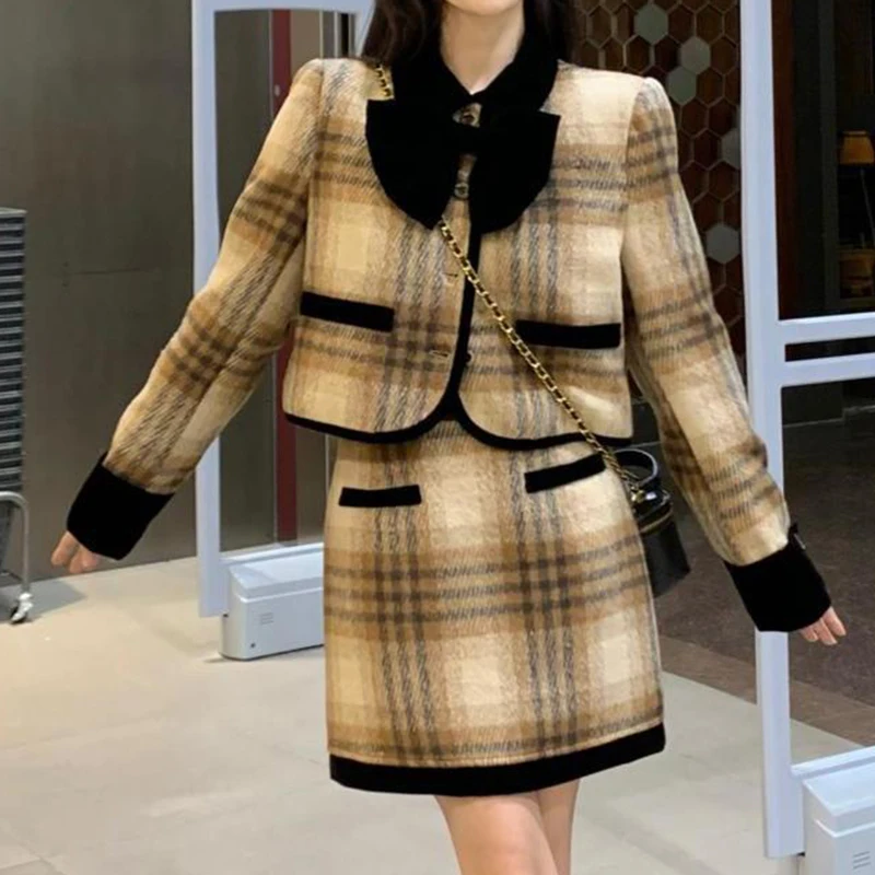 

woolen suit skirt for women in autumn and winter, paired with a complete set of bow tie jacket and short skirt two-piece set