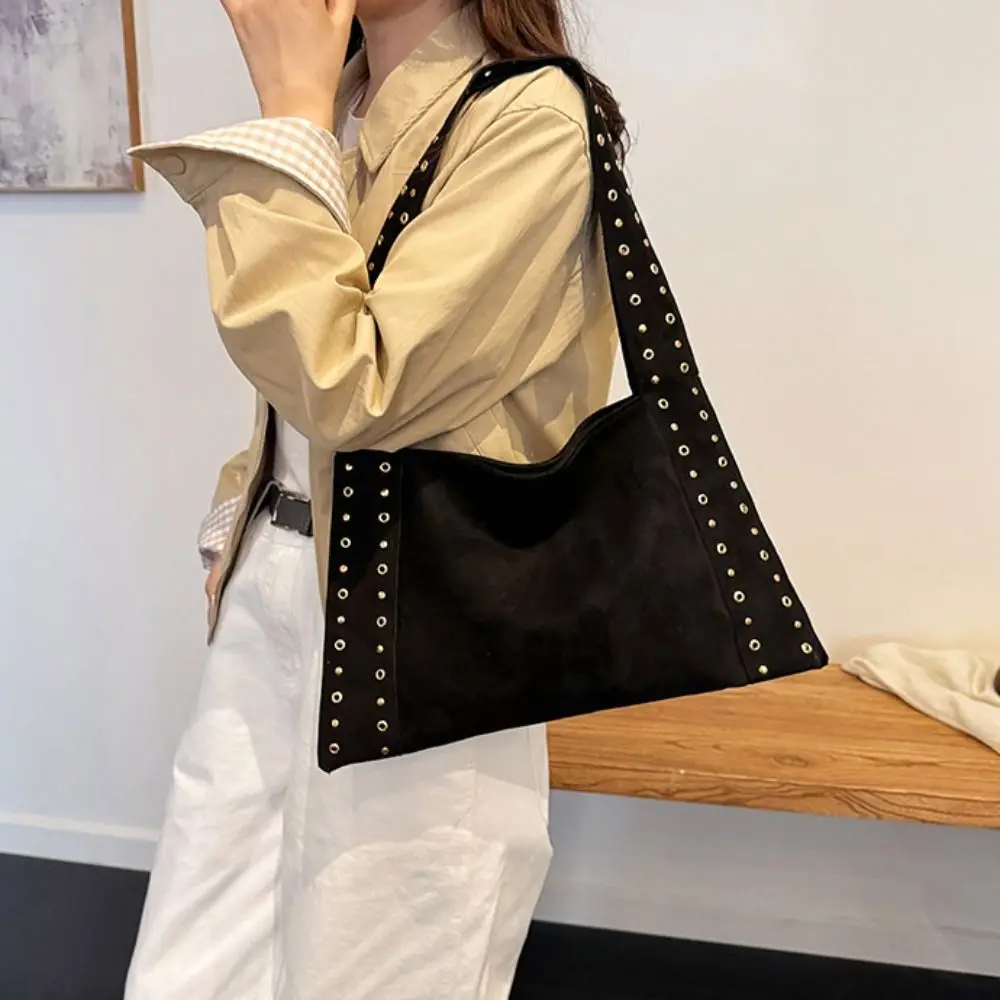 

PU Leather Suede Rivet Shoulder Bags Retro American Style Fashion Design Locomotive Style Underarm Bag Korean Style Solid Color
