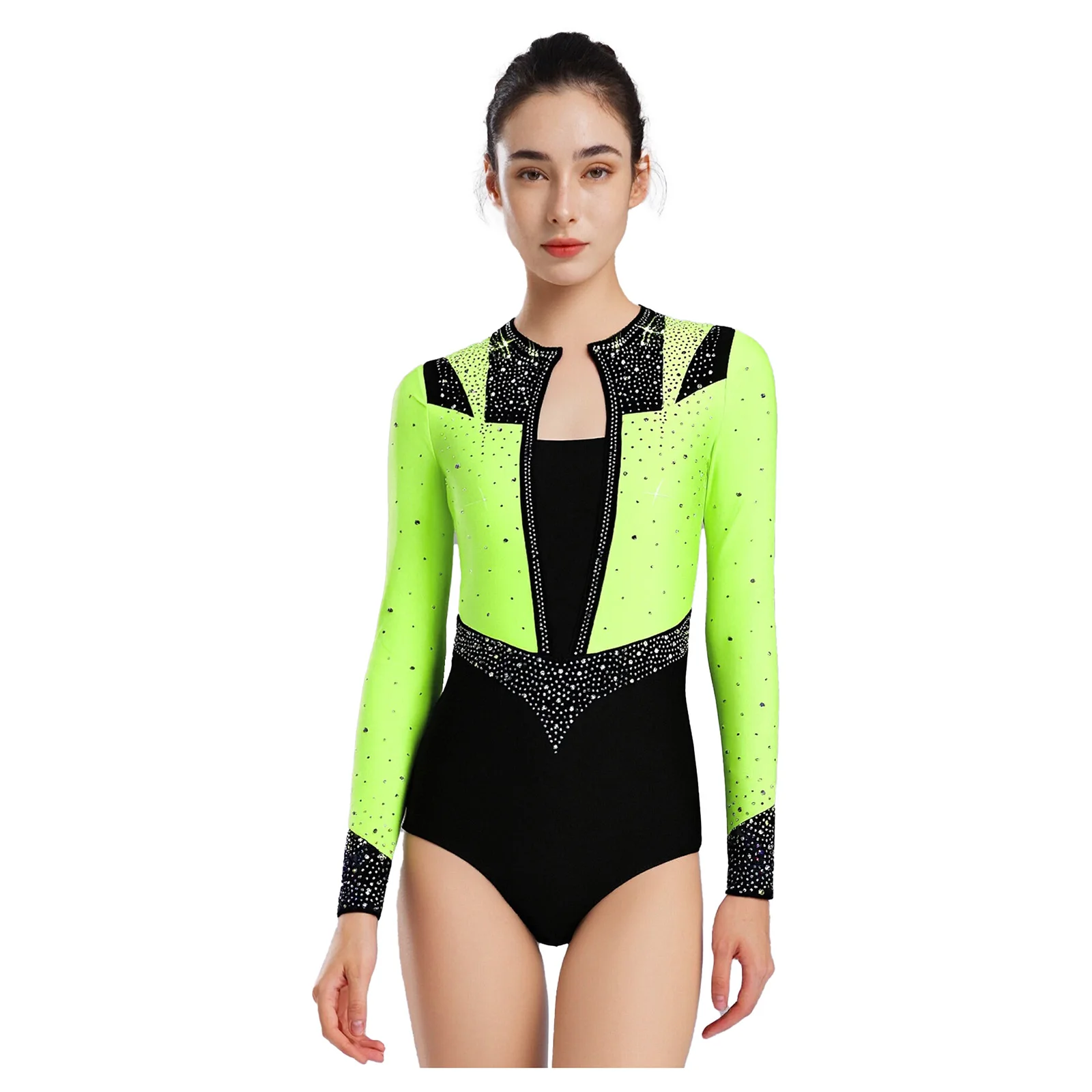 

Women Gymnastics Leotard Shiny Rhinestones Back Hollow Long Sleeve Bodysuit for Ballet Waltz Figure Skating Dance Costumes