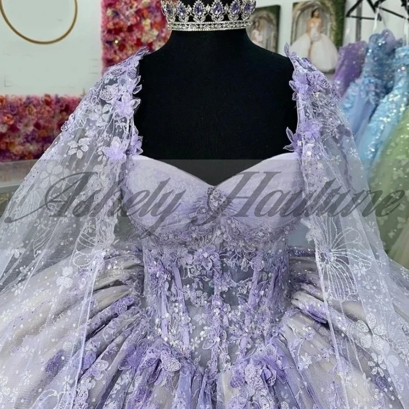 Imagem real lavanda 15 vestido quinceanera com capa borboleta ruched vestido de baile baile festa de aniversário pageant personalizado