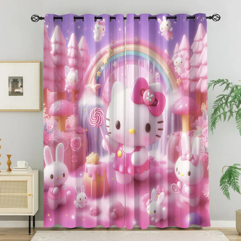 

Sanrio Hello Kitty Magical Pink Fairy Tale Window Curtains Kawaii Lollipop Rainbow Printed Drapes Girls Bedroom 2 Panels Set