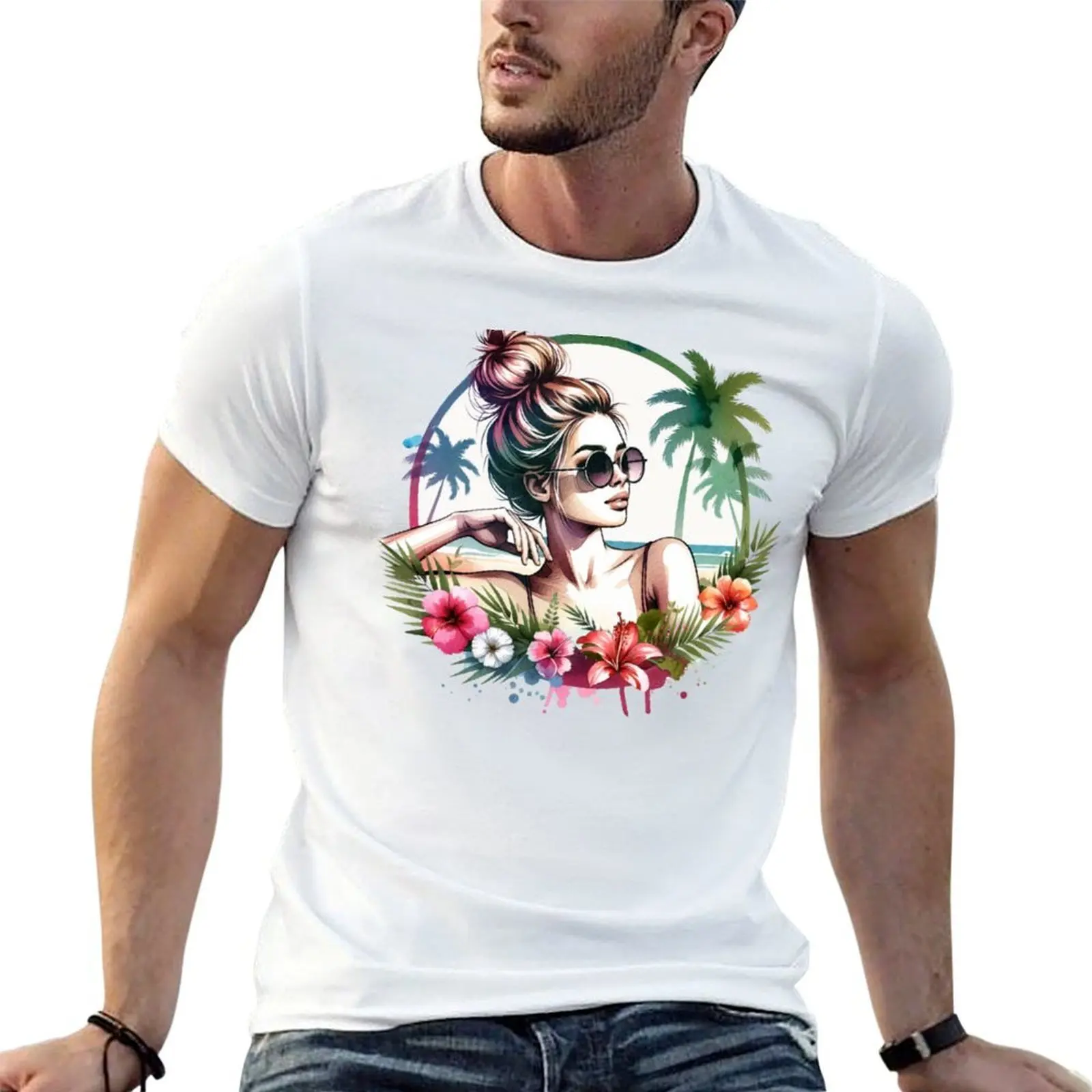 Messy Bun Babe on Beach T-Shirt cotton t shirts man 100% funny t shirts man man t shirt luxury T-shirt