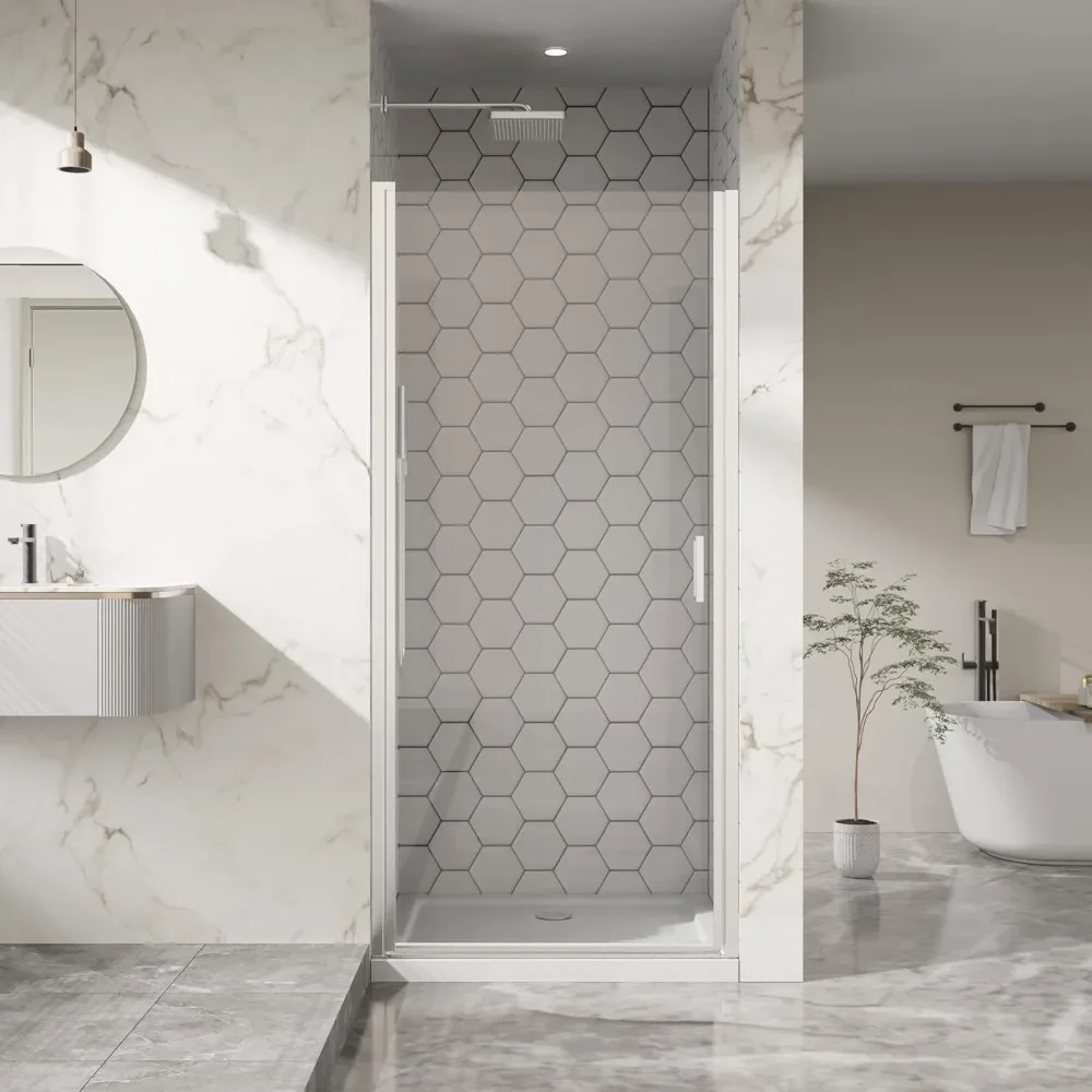 

34” x 72” pivot shower door, 1/4 inch thick tempered glass pivot swing shower door in chrome finish, semi-frameless design