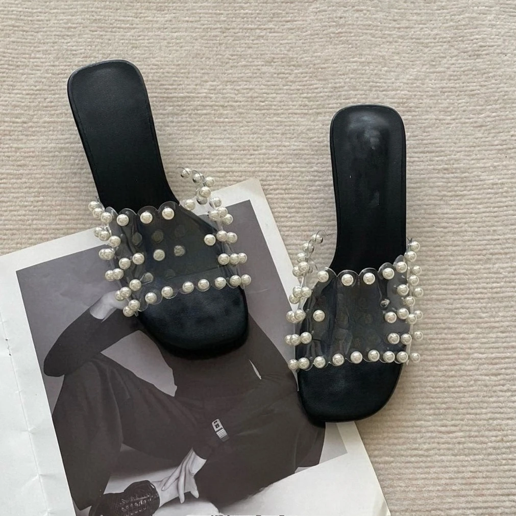 

Women's 2026 Square Toe Pearl Sandals, Chunky Heel Platform Slides, French One-Step Slippers. Fast & Free Delivery Today