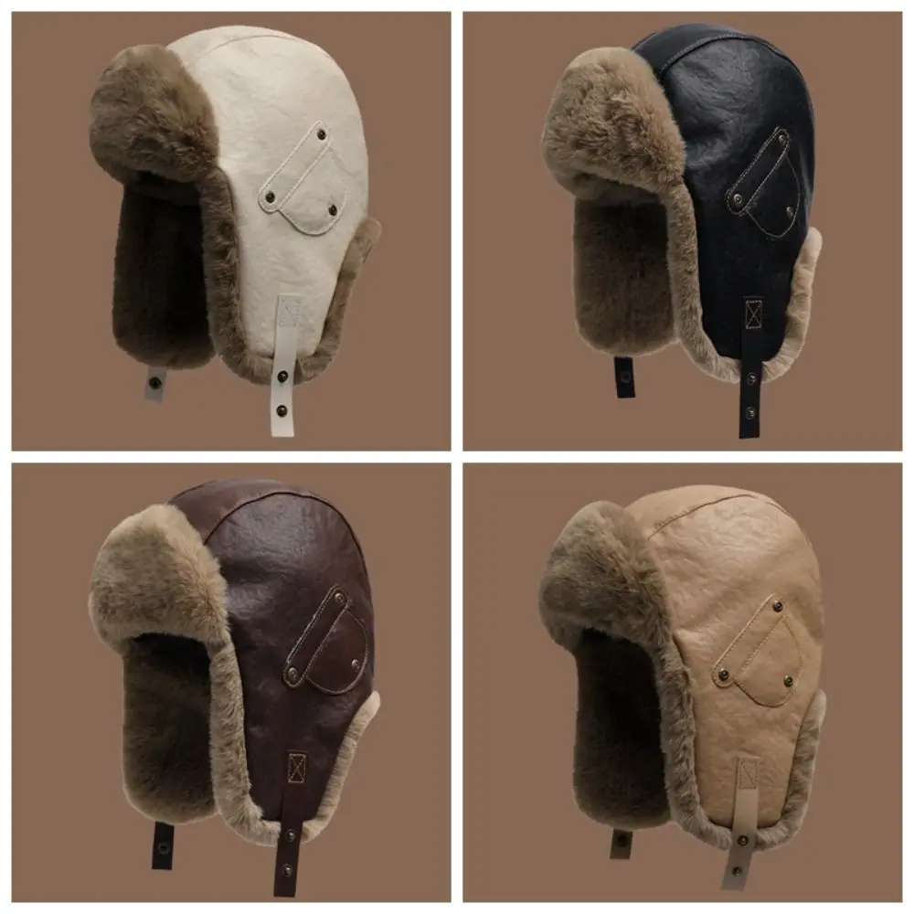Neutral Vintage Pu Leather Pilot Hat Plush Side Rivets Winter Ski Cap Thicked Warm Ear Protection Hat Mountaineering 6