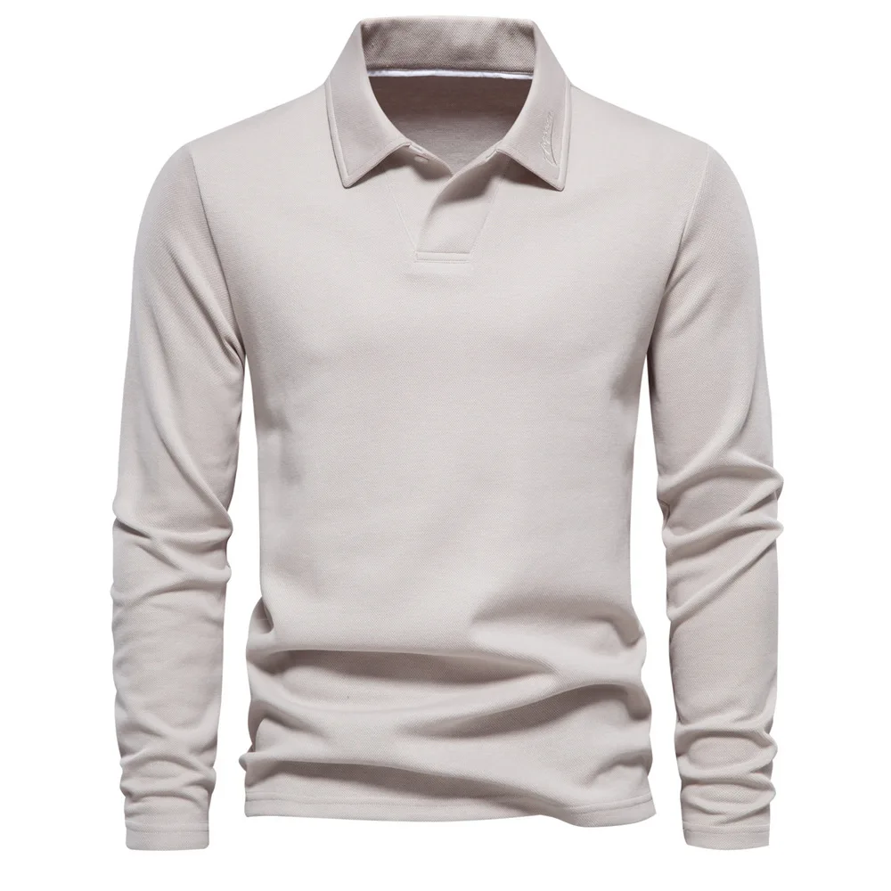 Spring Autumn New Men's Washed Long Sleeved Casual Solid Color Top With Collar, Trendy Lapel And Versatile Polo