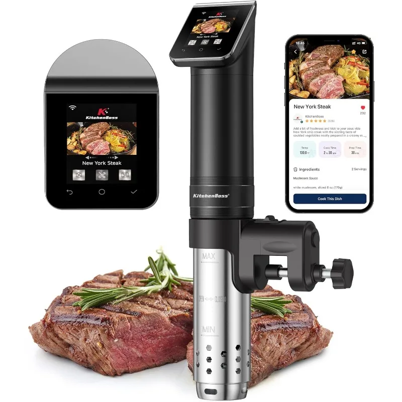 KitchenBoss WIFI Sous Vide Cooker: Ultra-Quiet Sous-vide Cooking Machine 1100 Watts Stainless Steel Immersion Circulator , Black