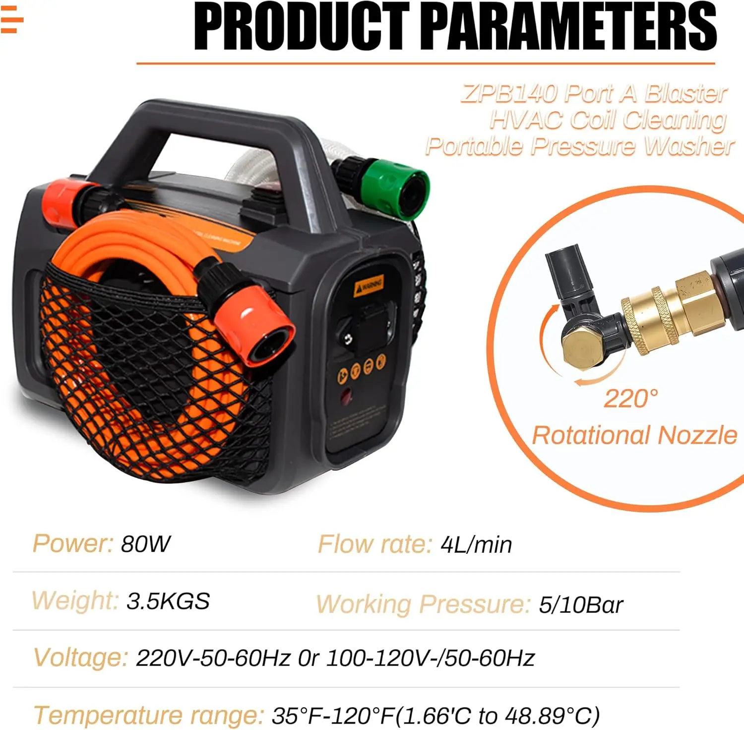 ZPB140 Port A Blaster HVAC Coil Cleaner، غسالة ضغط محمولة 120 فولت، 4 لتر/دقيقة، لوحدات التيار المتردد الداخلية/الخارجية